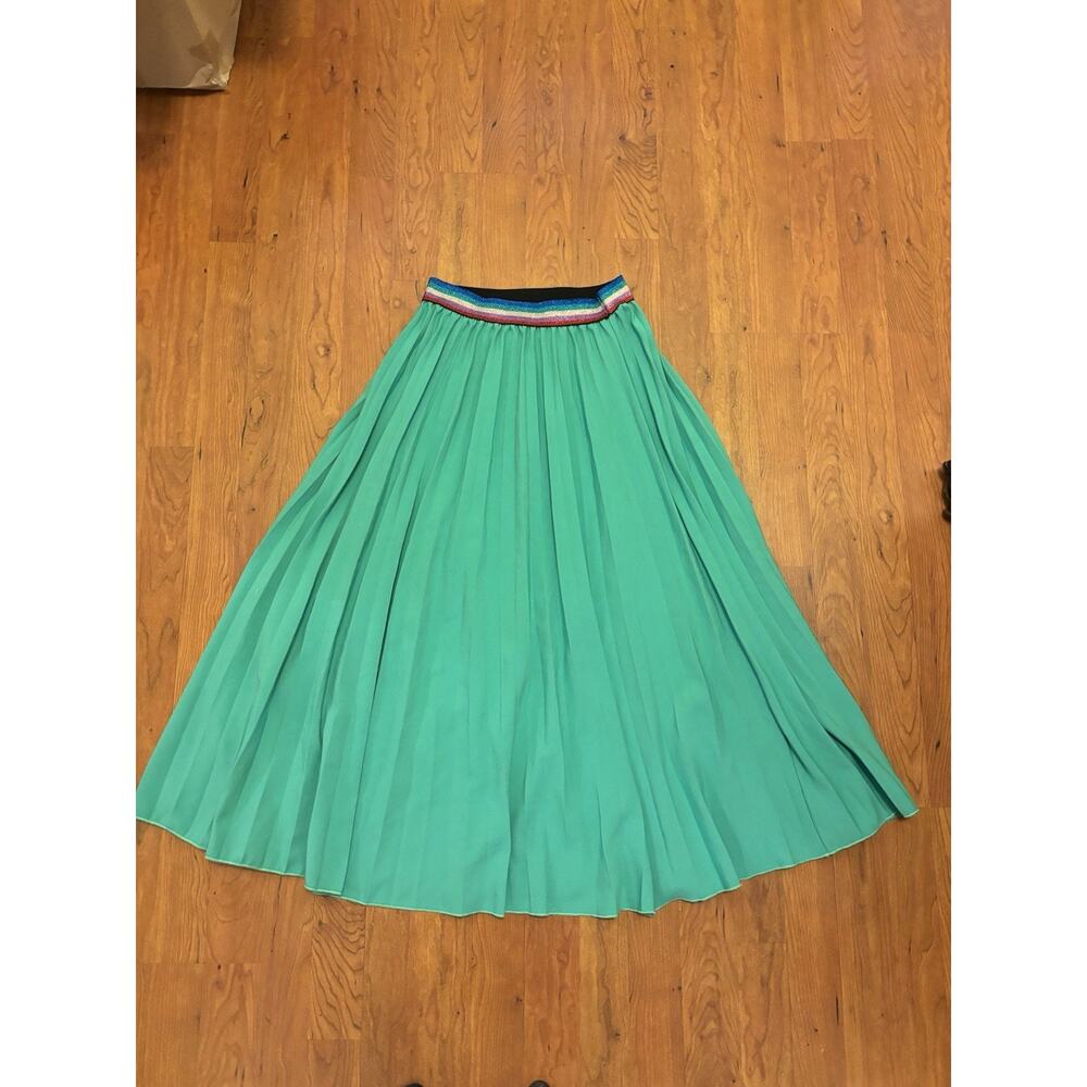 Runway Paris Pleated Unique Rainbow Band Green Long Skirt Size M/L